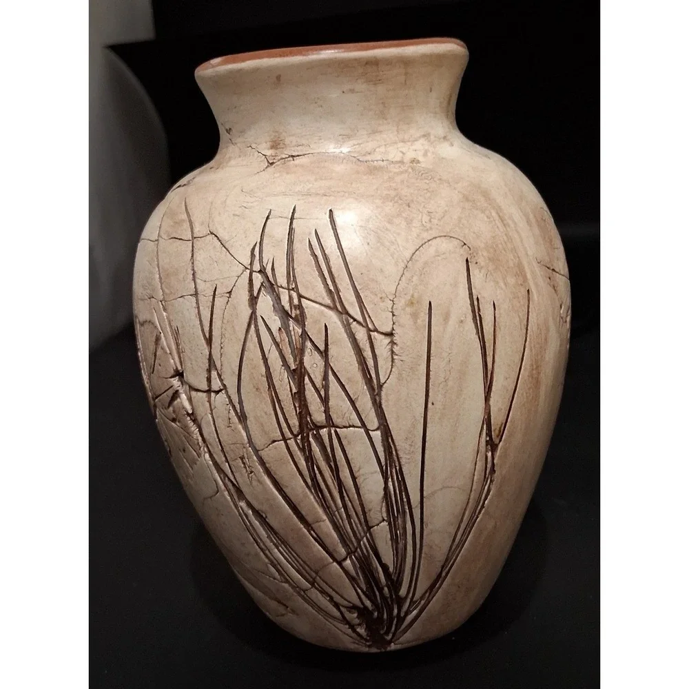 Getty Signed Studio Pottery Vase Incised Leaf Grass Earthy Terracotta 5.5 Inch
